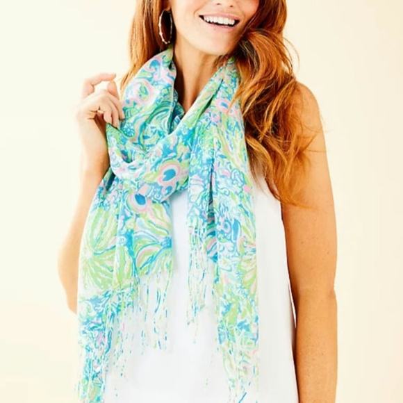 Lilly Pulitzer Retired Murfee‎ 2012 Scarf Turquoise Pink Cape Cod Island Silk - Picture 1 of 11